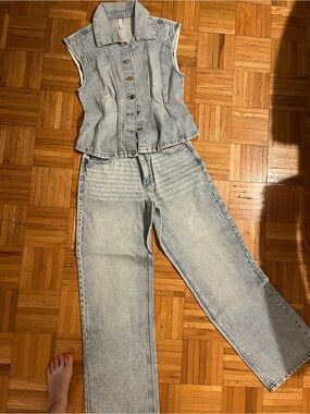 Amisu Light Wash Denim Vest & Wide Leg Jeans Matching Set Y2K